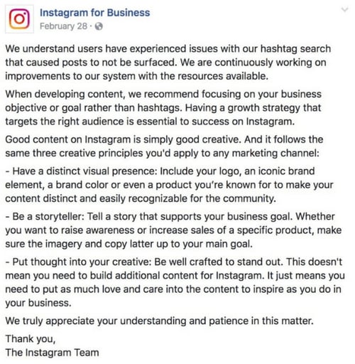 Instagram for Business posted statement that alluded to shadowbanning on their Facebook page in Feb 2019